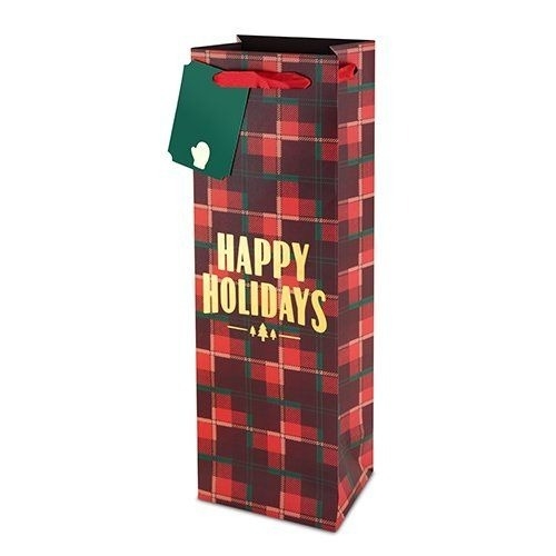 Plaid Happy Holidays Bottle Bag 