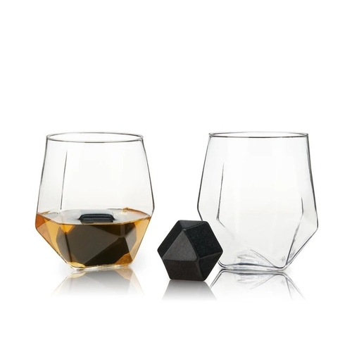 Viski 4 Piece Faceted Tumbler & Hexagonal Basalt Stone Set